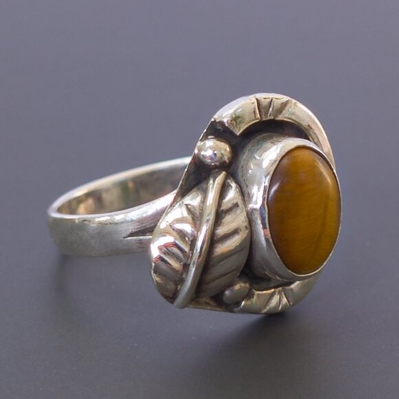 Vintage Mexico Sterling Tiger’s Eye Ring – Leaf & Bead Detail, Size 5.5 - Picture 2 of 8